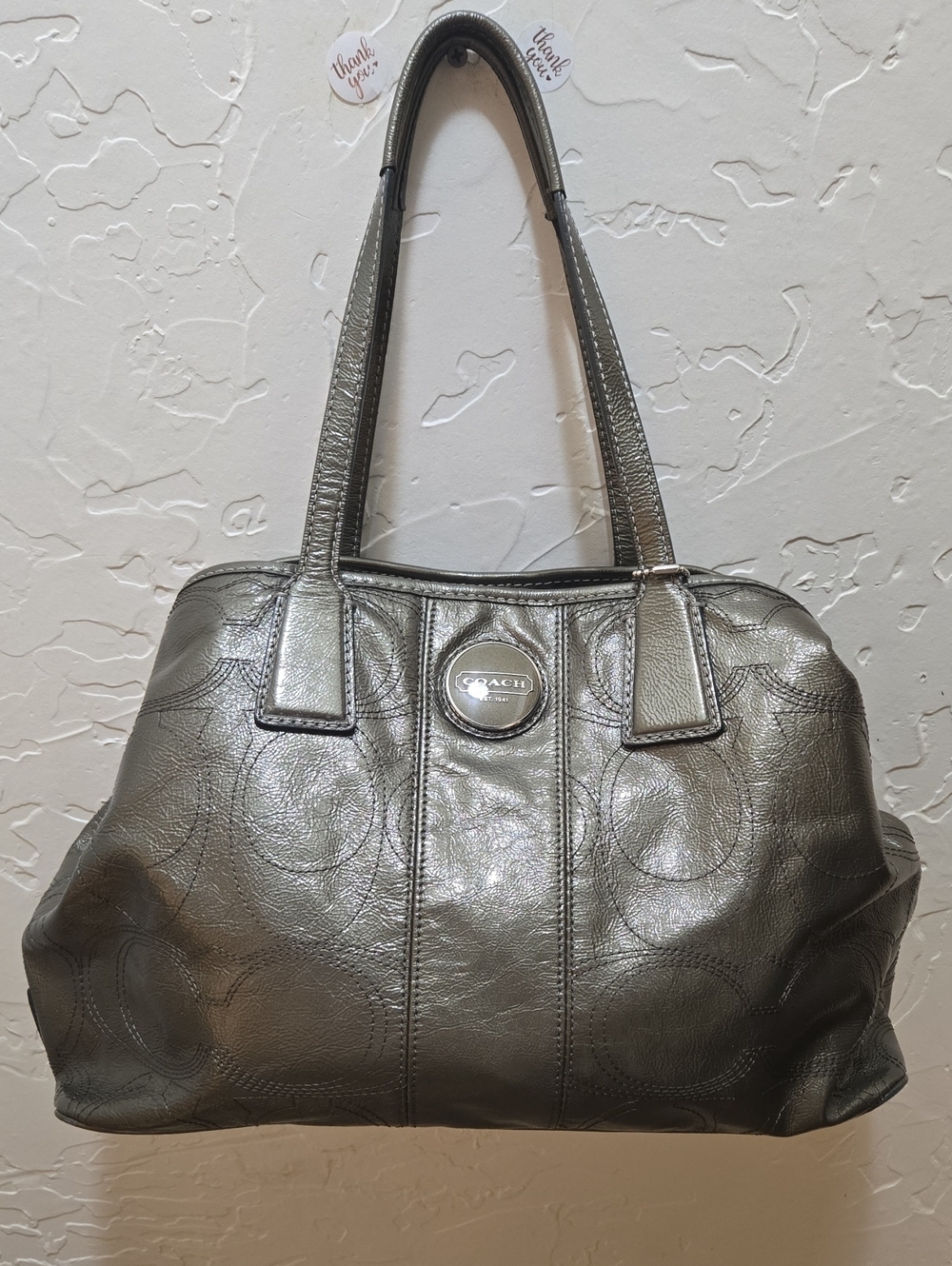 Coach Metallic Pewter Leather Signature Kisslock Carryall Bag - EUC F15658